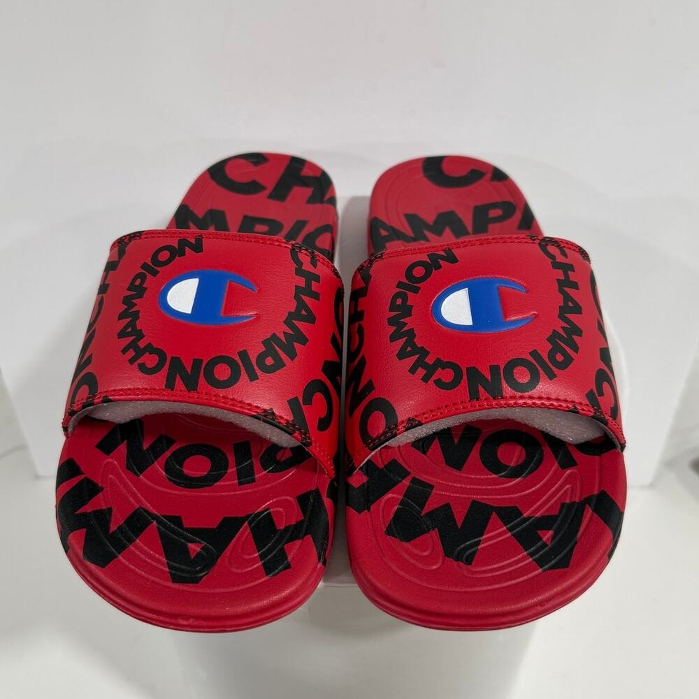 Champion Slide Sandals Red Logo AOP Swirl Streetwear Youth Size 6